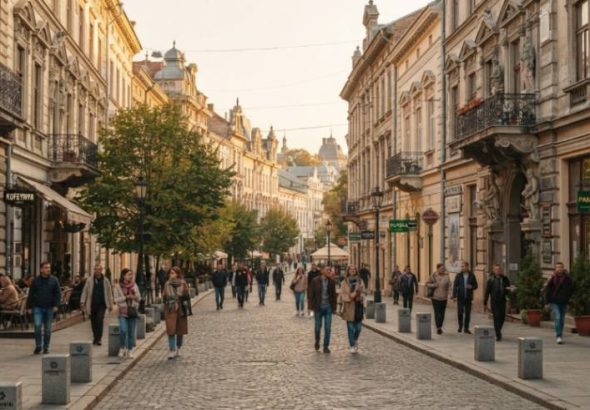 Пішохідна вулиця Ольги Кобилянської в Чернівцях з історичними будівлями, кафе та перехожими.