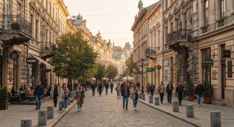 Пішохідна вулиця Ольги Кобилянської в Чернівцях з історичними будівлями, кафе та перехожими.