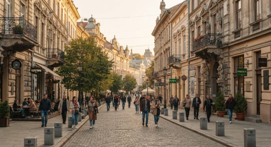Пішохідна вулиця Ольги Кобилянської в Чернівцях з історичними будівлями, кафе та перехожими.